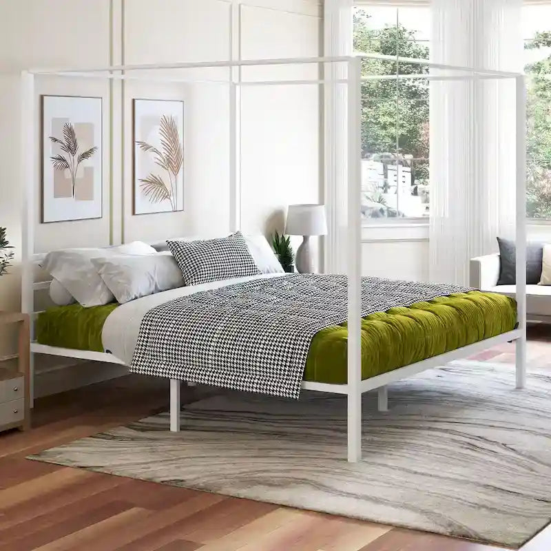 Estructura de cama plataforma King Size de metal blanco con dosel