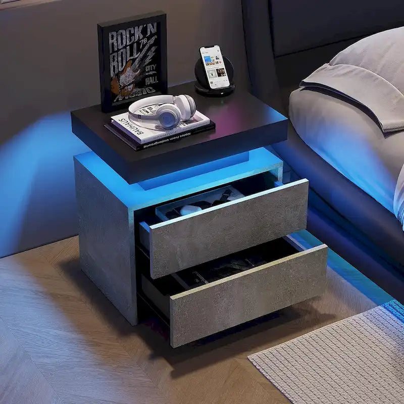 Mesita de Noche de 2 Cajones con Luces LED