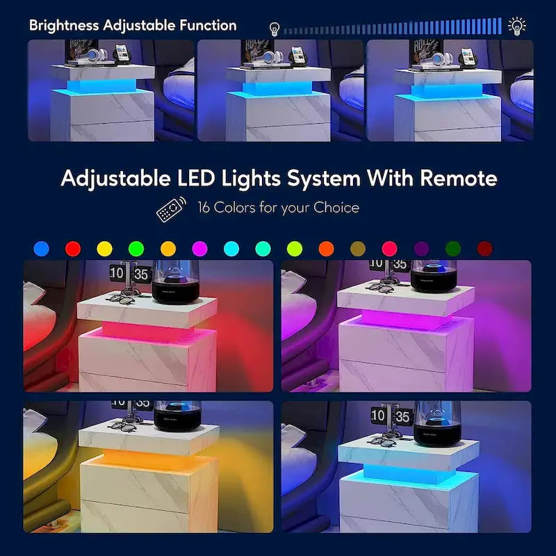 Mesita de Noche de 2 Cajones con Luces LED
