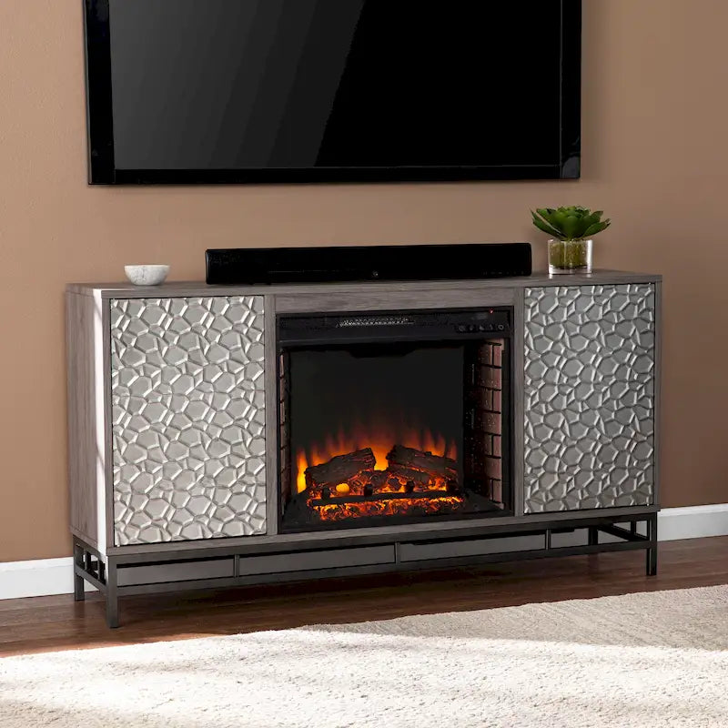 Mueble de TV con Chimenea Eléctrica de Madera Gris Contemporáneo