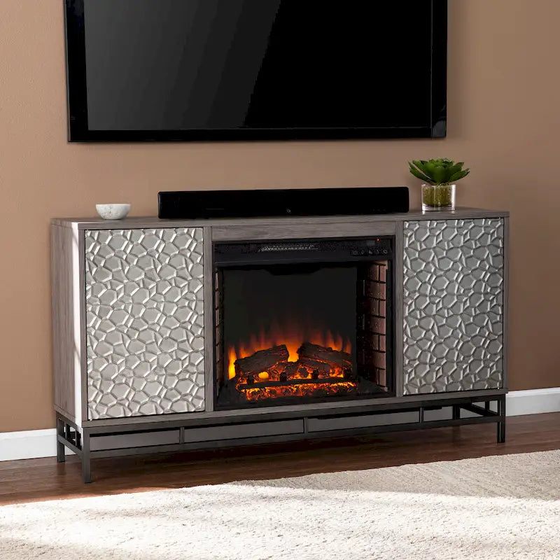 Mueble de TV con Chimenea Eléctrica de Madera Gris Contemporáneo
