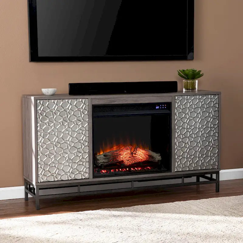 Mueble de TV con Chimenea Eléctrica de Madera Gris Contemporáneo