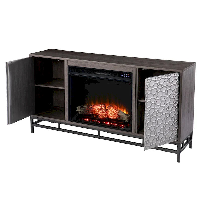 Mueble de TV con Chimenea Eléctrica de Madera Gris Contemporáneo