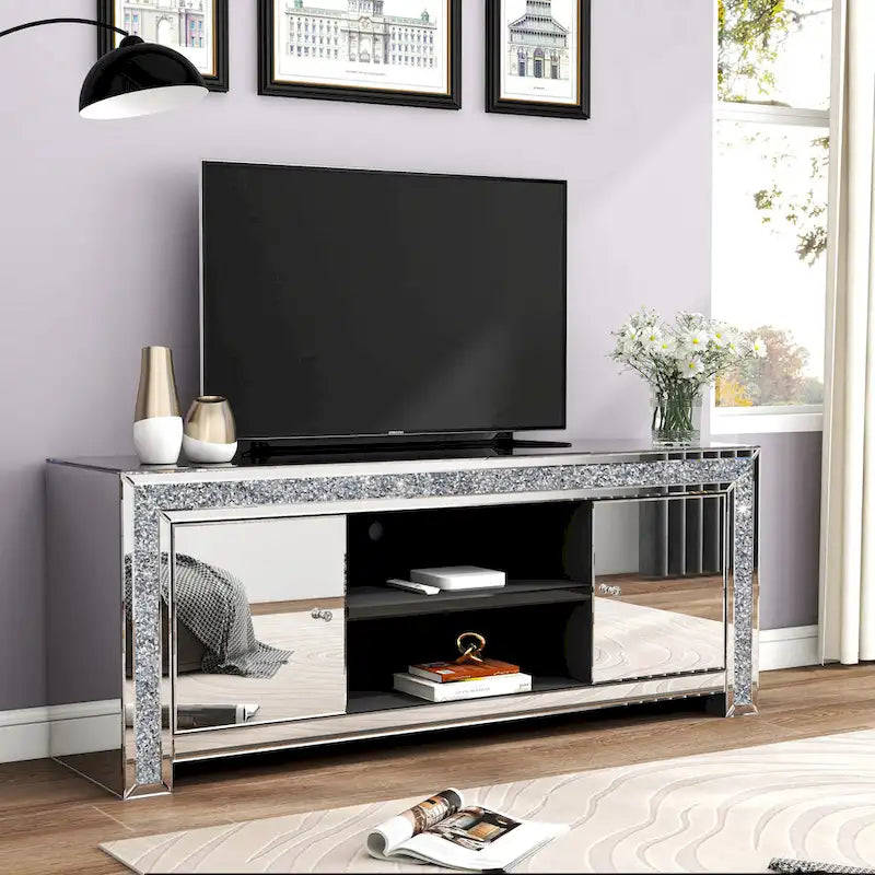 Mueble de TV de 59 pulgadas con espejo, incrustaciones de diamante triturado y gabinetes de almacenamiento