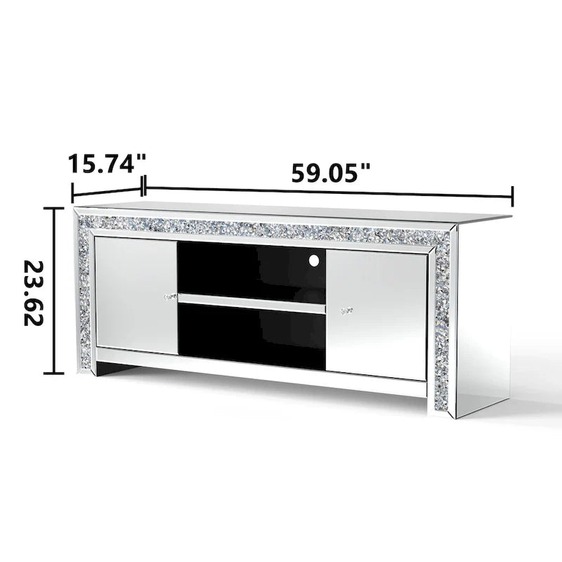 Mueble de TV de 59 pulgadas con espejo, incrustaciones de diamante triturado y gabinetes de almacenamiento