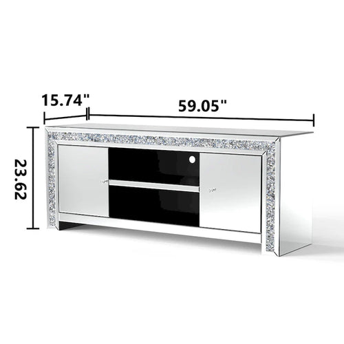 Mueble de TV de 59 pulgadas con espejo, incrustaciones de diamante triturado y gabinetes de almacenamiento