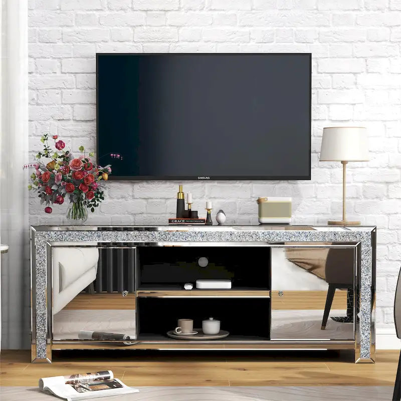Mueble de TV de 59 pulgadas con espejo, incrustaciones de diamante triturado y gabinetes de almacenamiento