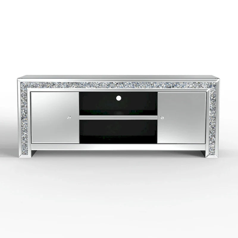 Mueble de TV de 59 pulgadas con espejo, incrustaciones de diamante triturado y gabinetes de almacenamiento