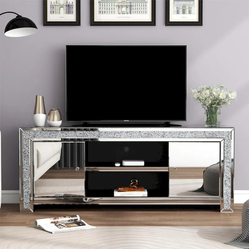 Mueble de TV de 59 pulgadas con espejo, incrustaciones de diamante triturado y gabinetes de almacenamiento