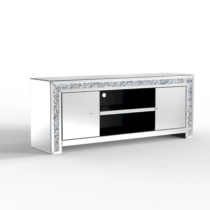 Mueble de TV de 59 pulgadas con espejo, incrustaciones de diamante triturado y gabinetes de almacenamiento