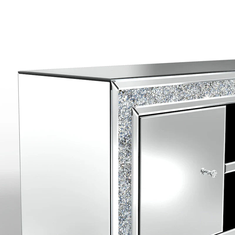 Mueble de TV de 59 pulgadas con espejo, incrustaciones de diamante triturado y gabinetes de almacenamiento