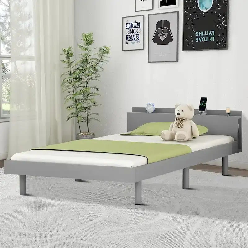 Estructura de cama de plataforma de madera tamaño Twin con puerto de carga USB