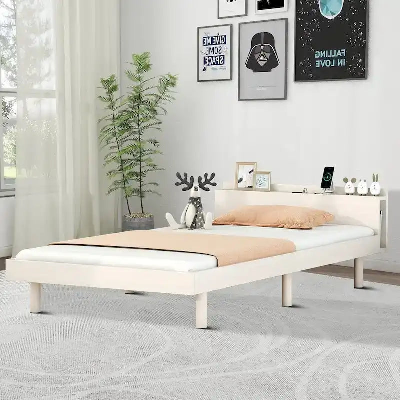 Estructura de cama de plataforma de madera tamaño Twin con puerto de carga USB