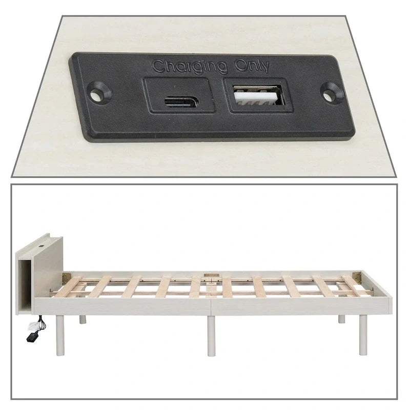 Estructura de cama de plataforma de madera tamaño Twin con puerto de carga USB