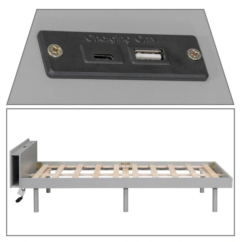 Estructura de cama de plataforma de madera tamaño Twin con puerto de carga USB