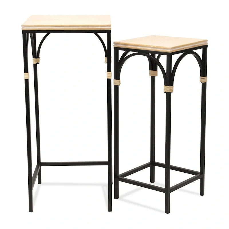 Juego de 2 mesas auxiliares cuadradas de madera y metal con detalles de ratán