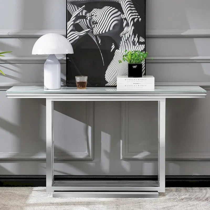 Mesa consola rectangular de vidrio de 60 pulgadas con base de metal