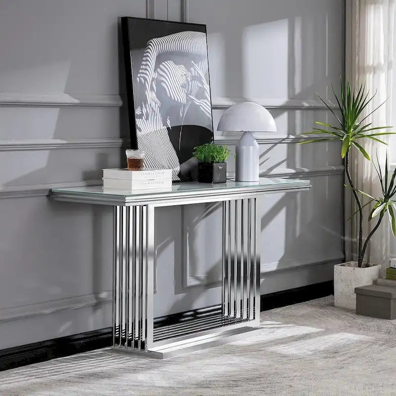 Mesa consola rectangular de vidrio de 60 pulgadas con base de metal