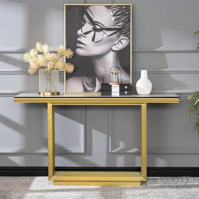 Mesa consola rectangular de vidrio de 60 pulgadas con base de metal