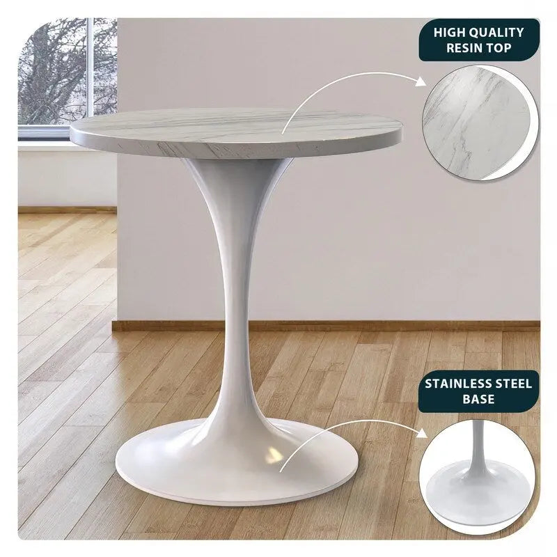 Mesa de comedor redonda con tablero de resina y pedestal de acero blanco