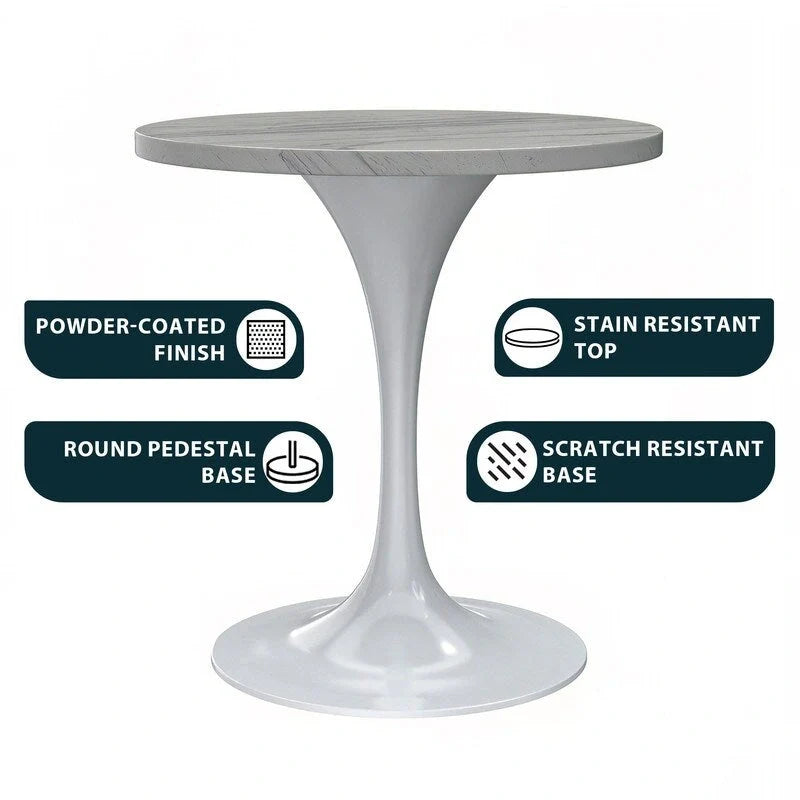 Mesa de comedor redonda con tablero de resina y pedestal de acero blanco