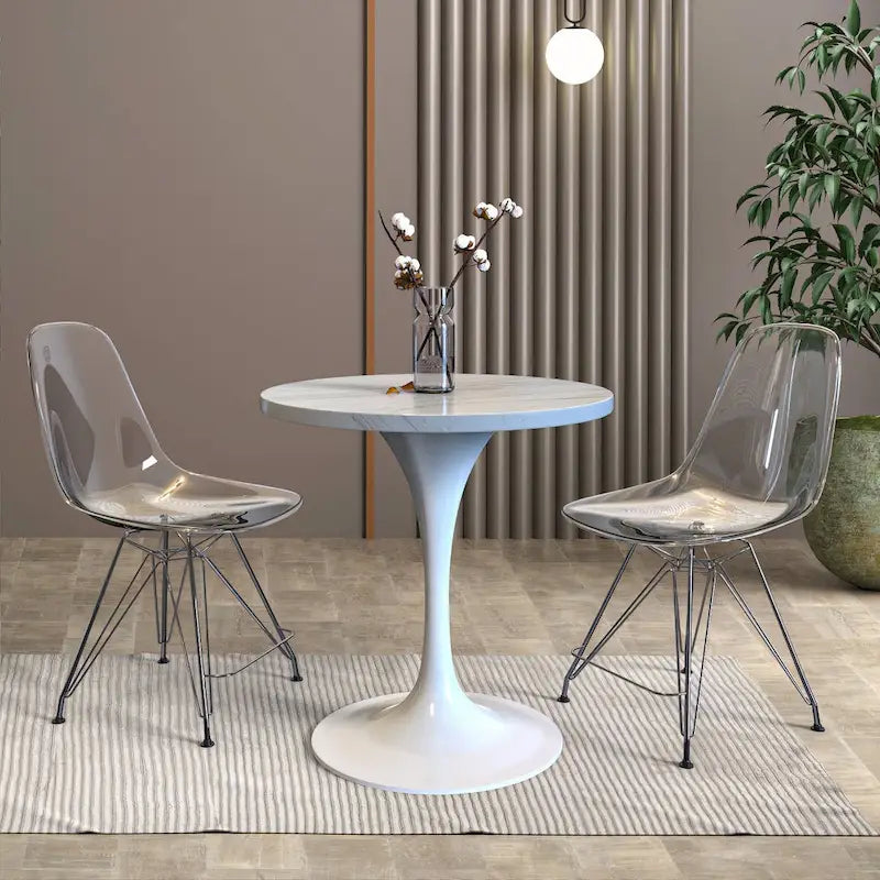 Mesa de comedor redonda con tablero de resina y pedestal de acero blanco