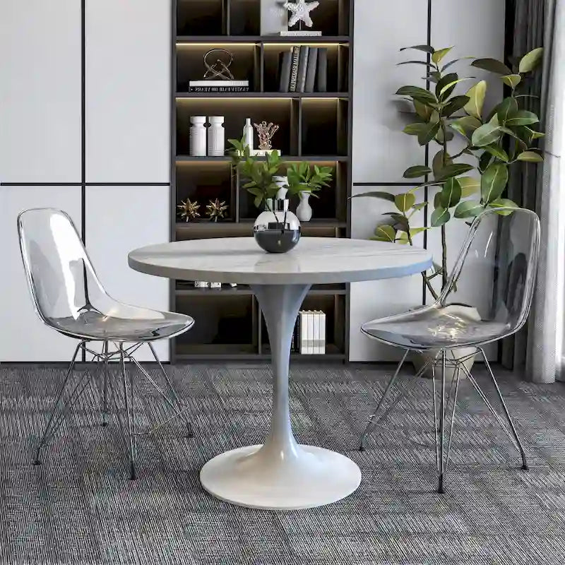 Mesa de comedor redonda con tablero de resina y pedestal de acero blanco
