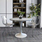 Mesa de comedor redonda con tablero de resina y pedestal de acero blanco