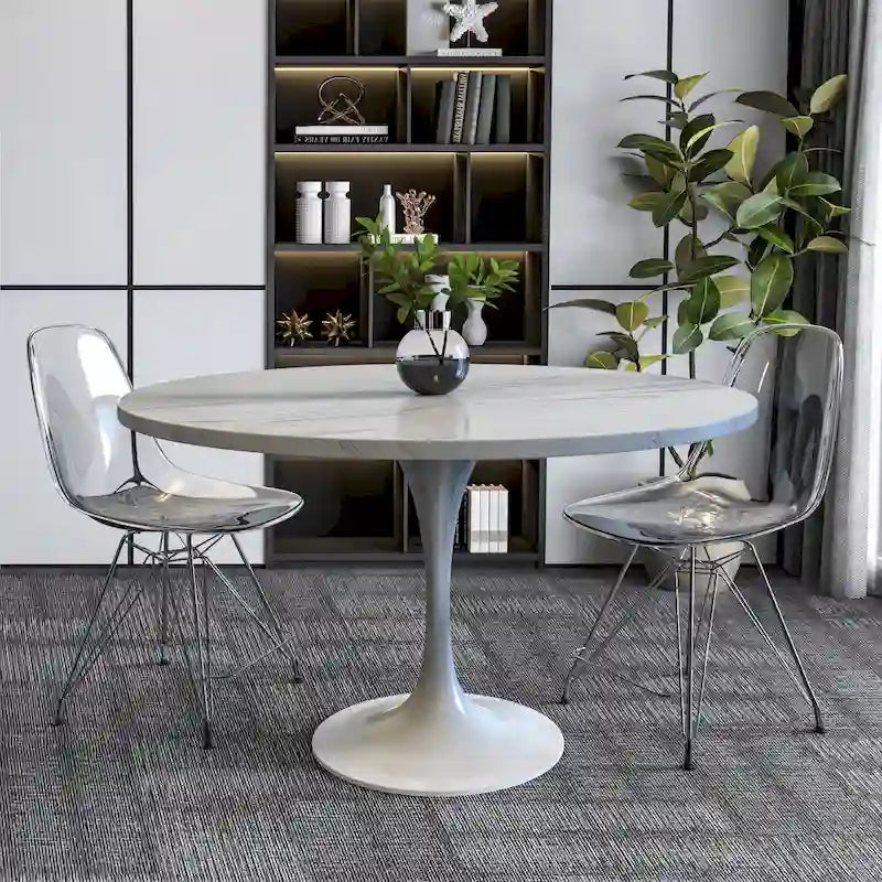 Mesa de comedor redonda con tablero de resina y pedestal de acero blanco