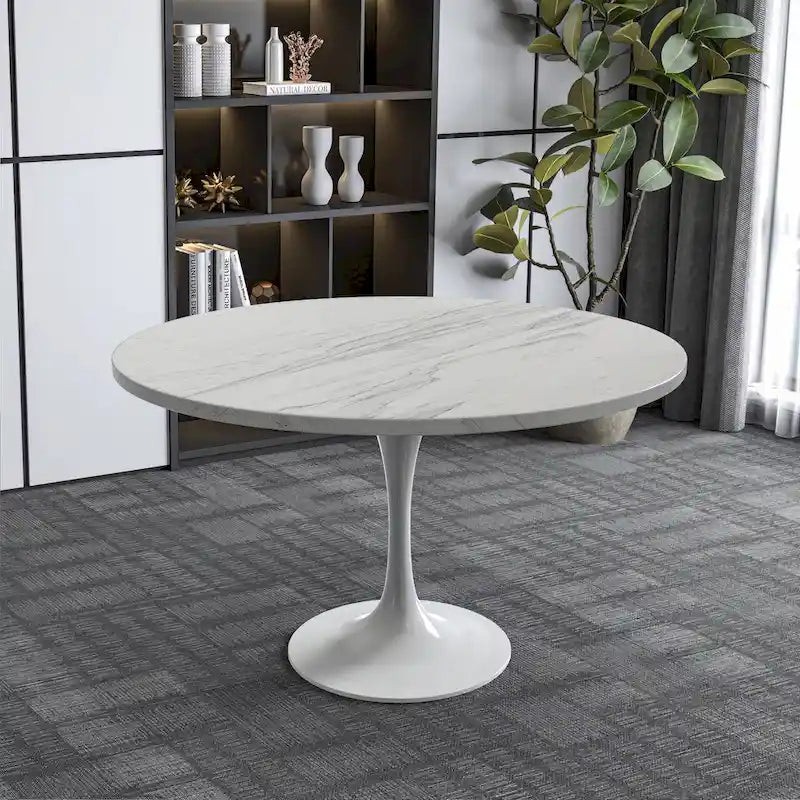 Mesa de comedor redonda con tablero de resina y pedestal de acero blanco