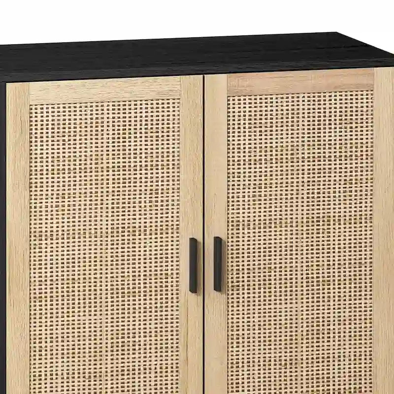 Armario de almacenamiento de ratán de 4 puertas con patas de madera maciza