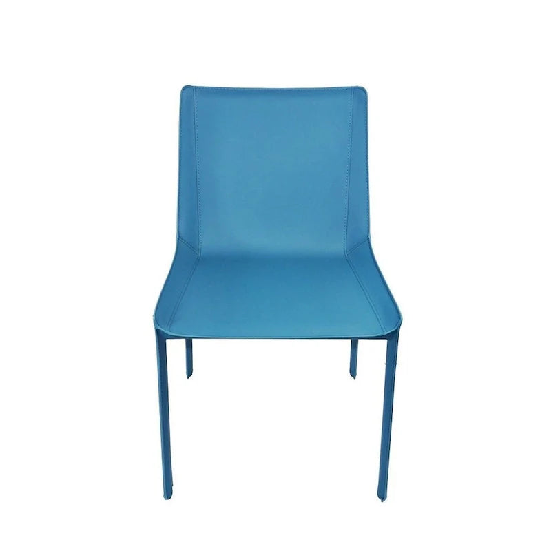 Silla de comedor minimalista de cuero con detalles de costura en azul