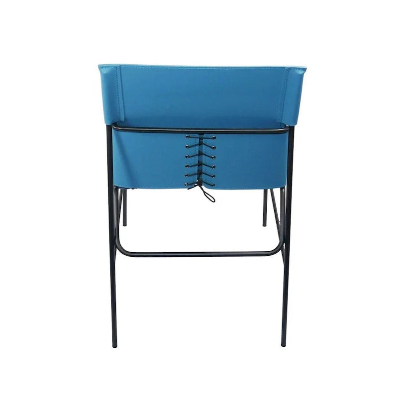 Silla de comedor minimalista de cuero con detalles de costura en azul
